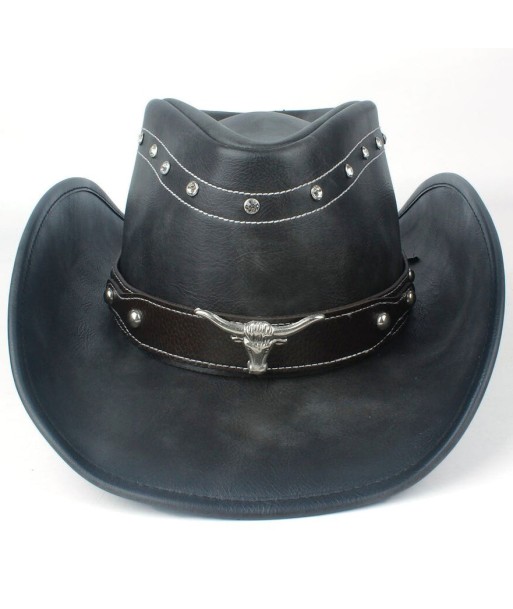 Chapeau De Cowboy En Cuir Noir Tête De Taureau brillant des détails fins