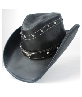 Chapeau De Cowboy En Cuir Noir Tête De Taureau brillant des détails fins